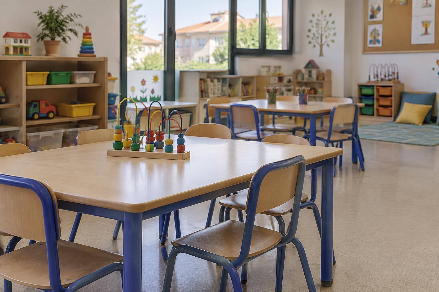 Imagen ilustrativa: Aula de una escuela infantil con mesas pequeñas, sillas y estanterías de juguetes, sin personas
