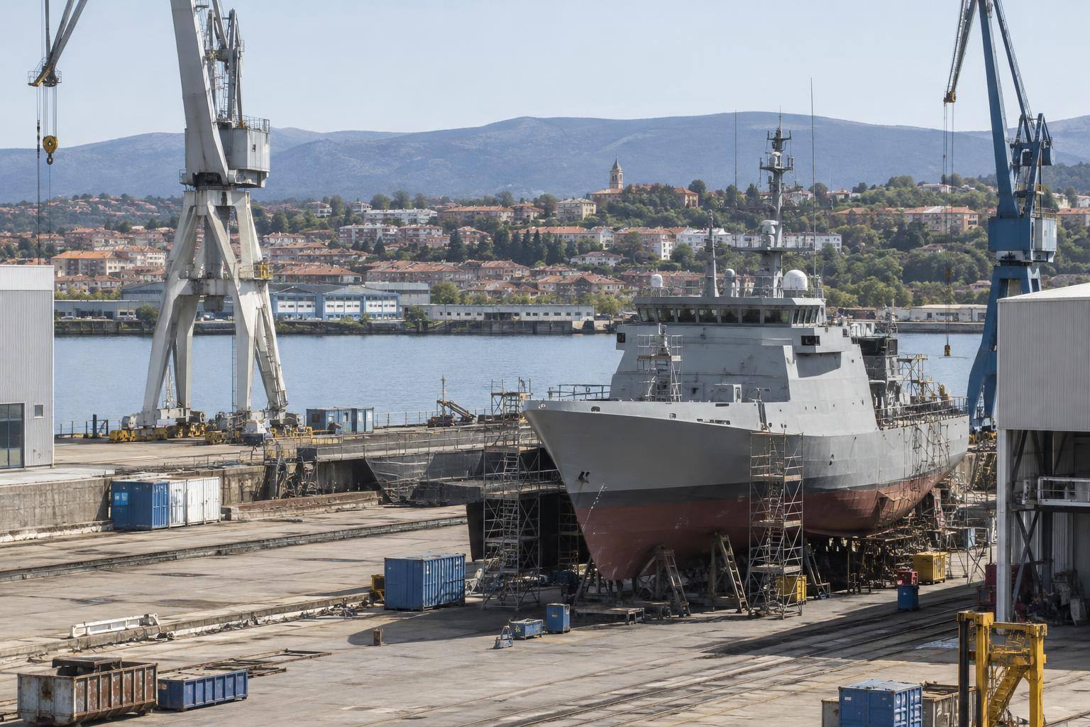 Imagen ilustrativa: Vista genérica de un astillero con grúas y un patrullero en un muelle de reparaciones, sin personas reconocibles.