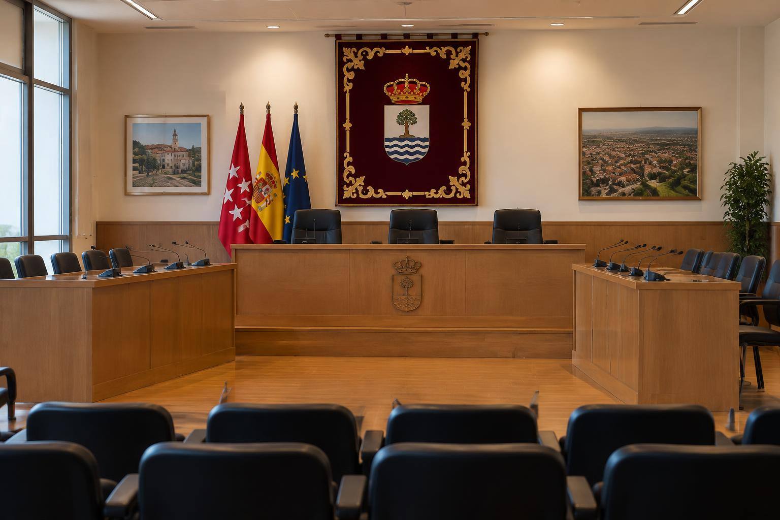 Imagen ilustrativa: Salón de plenos municipal vacío, con asientos y mesa de presidencia, sin personas ni documentos legibles