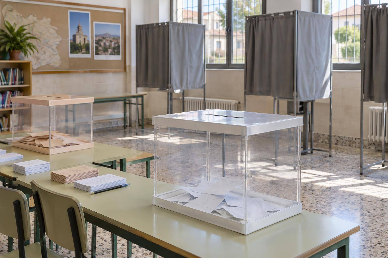 Imagen ilustrativa: Urnas transparentes y cabinas de votación en un colegio electoral vacío, sin símbolos de partidos ni personas reconocibles