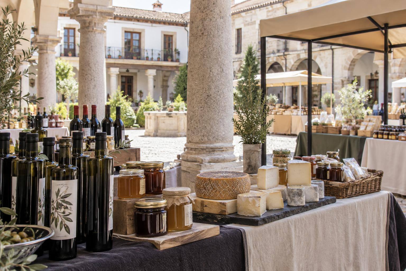 Imagen ilustrativa: Puestos de una feria agroalimentaria en un patio porticado, con botellas de aceite y vino, quesos y tarros de miel, sin personas reconocibles.