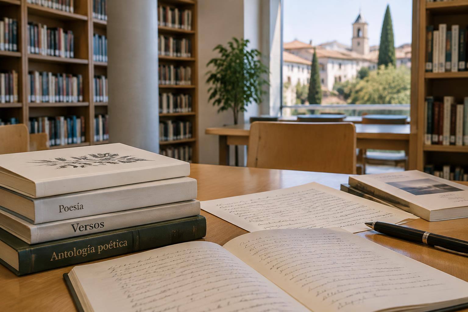 Imagen ilustrativa: Libros de poesía y manuscritos sobre una mesa de lectura en una biblioteca, sin personas reconocibles.