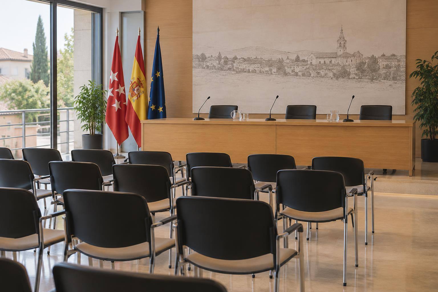 Imagen ilustrativa: Salón de actos con sillas frente a una mesa con micrófonos, sin personas ni símbolos de partidos.
