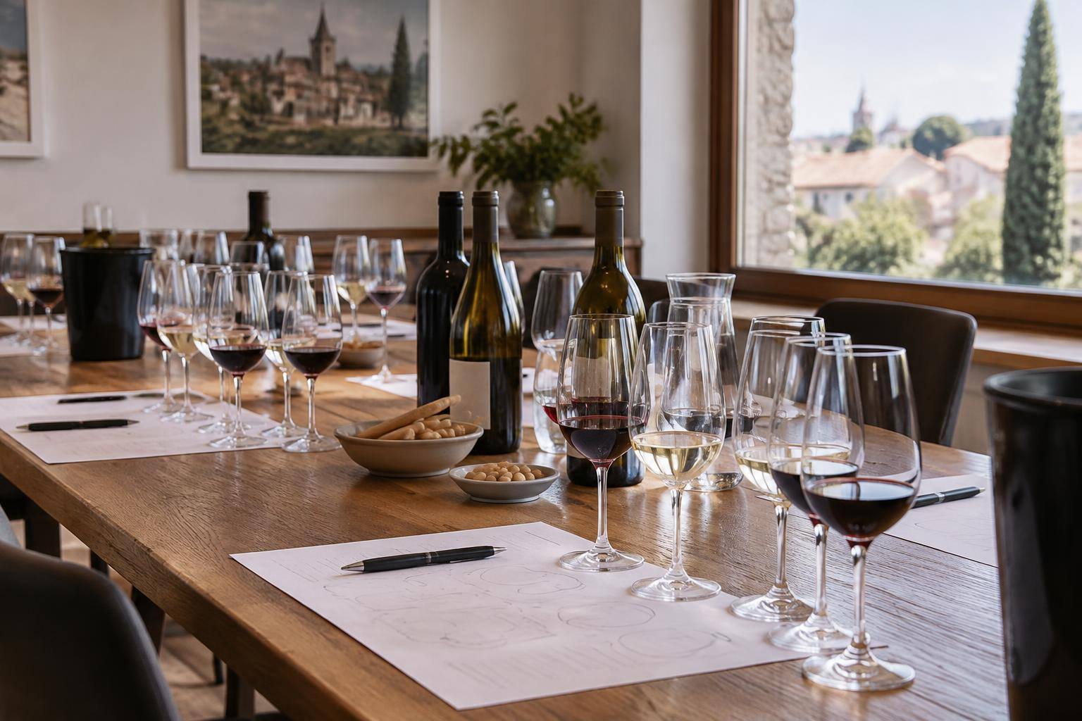 Imagen ilustrativa: Mesa preparada para una cata, con copas de vino, botellas sin etiquetas legibles y fichas de degustación en una sala sin personas.
