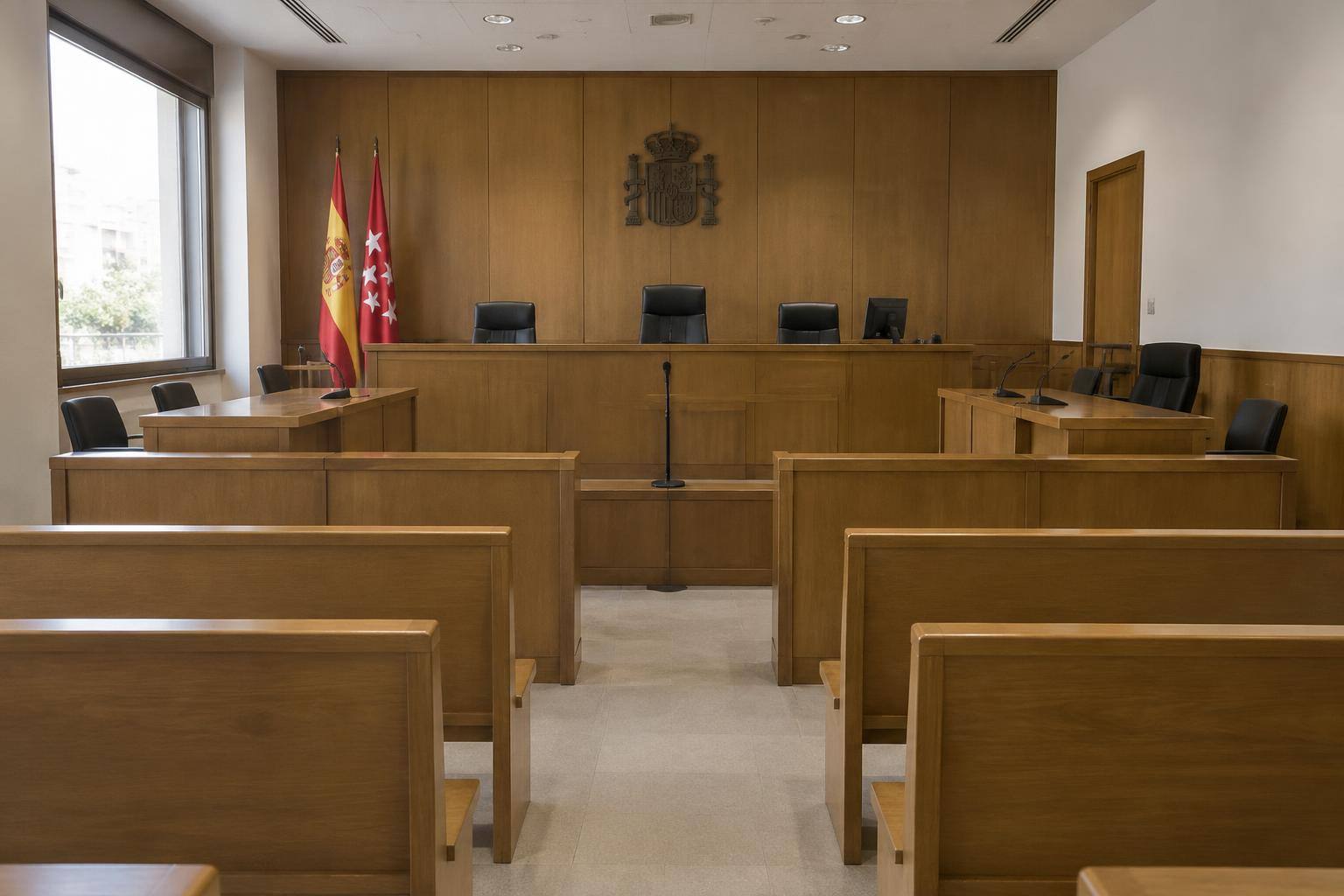 Imagen ilustrativa: Interior de una sala de vistas vacía, con estrado y bancos de madera, sin personas ni documentos identificables.
