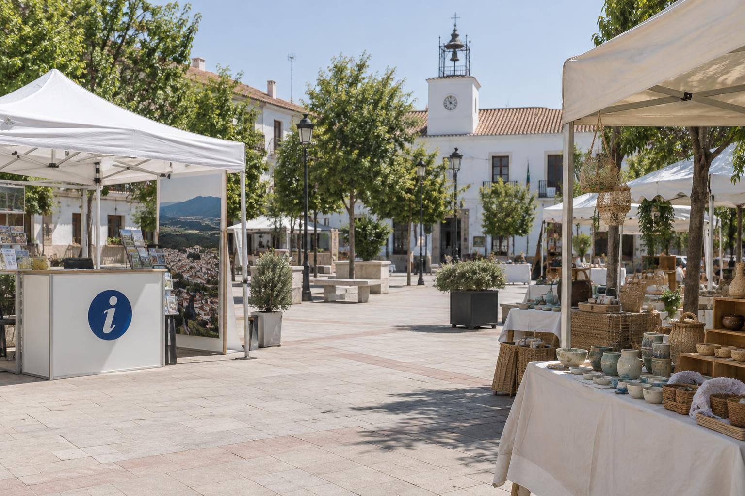 Imagen ilustrativa: Plaza urbana con un punto informativo y mesas de exposición de productos artesanales, sin personas reconocibles.