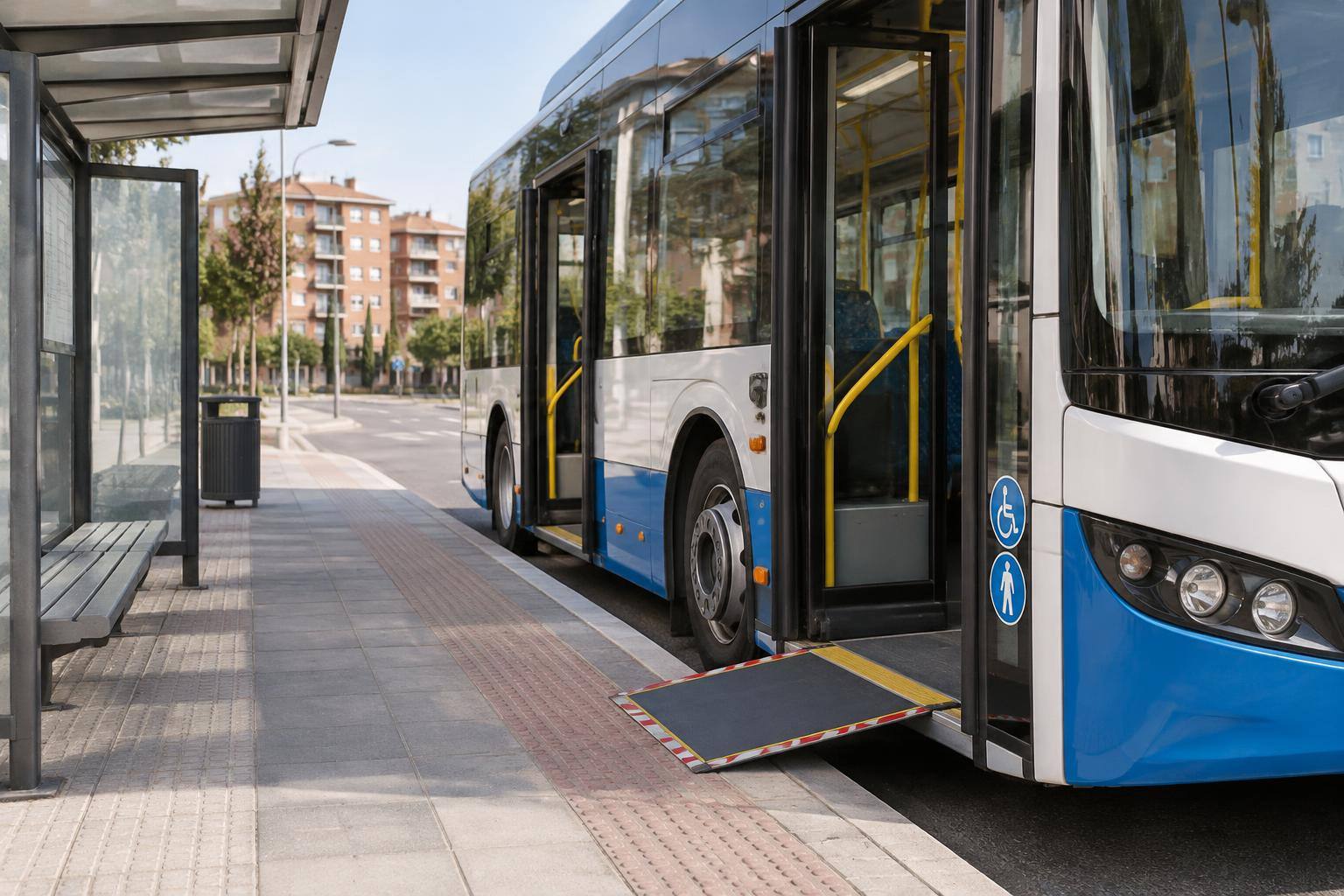 Imagen ilustrativa: Autobús urbano junto a una marquesina, con las puertas abiertas y una plataforma de acceso, sin personas reconocibles