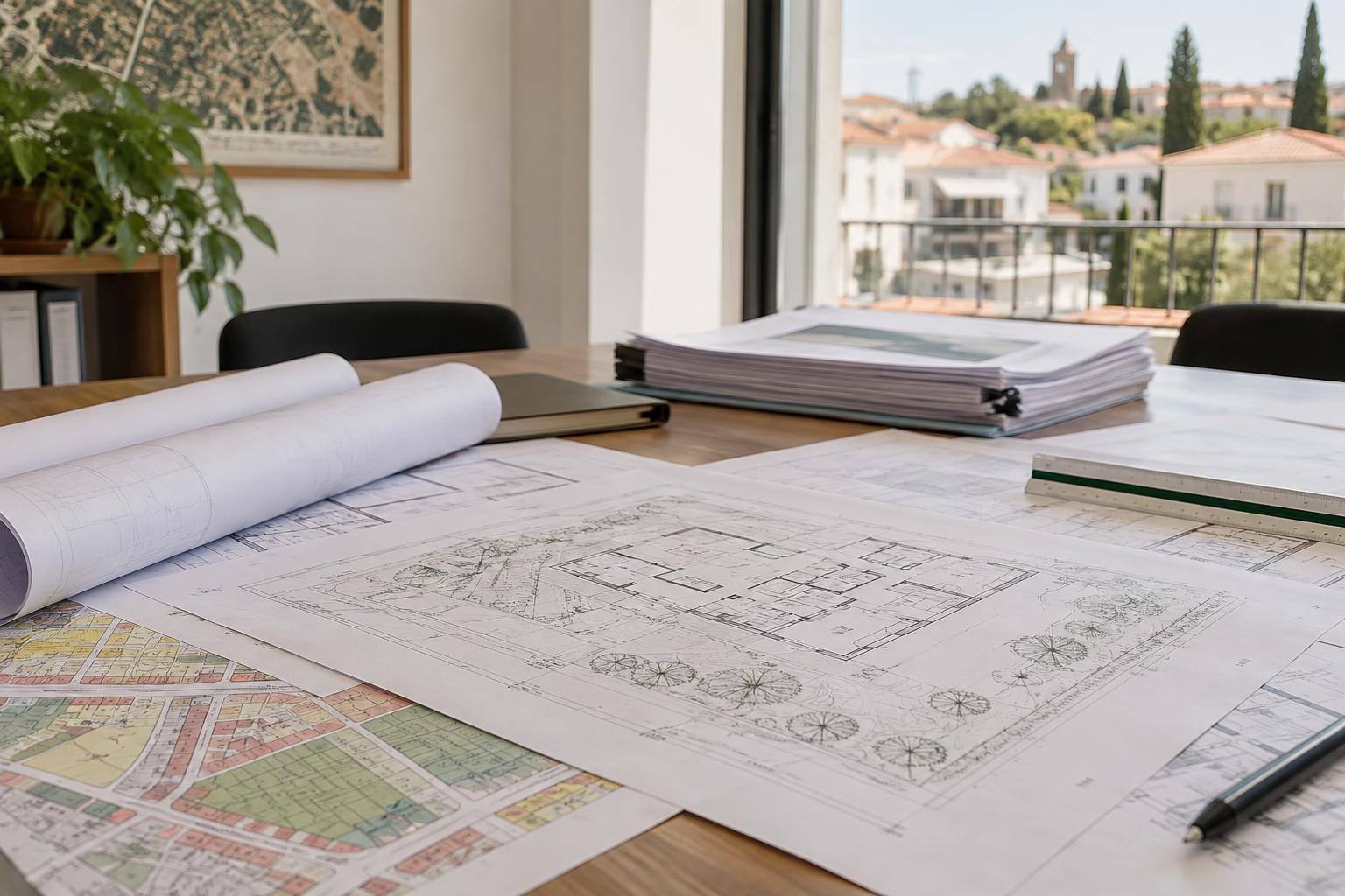 Imagen ilustrativa: Mesa de consulta con planos de un edificio y documentación urbanística, sin personas ni datos identificables.