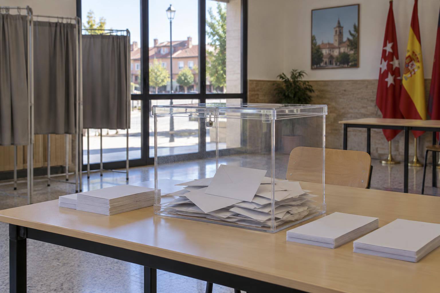Imagen ilustrativa: Urna electoral transparente sobre una mesa, con sobres y papeletas sin nombres ni logotipos visibles, en una sala sin personas.