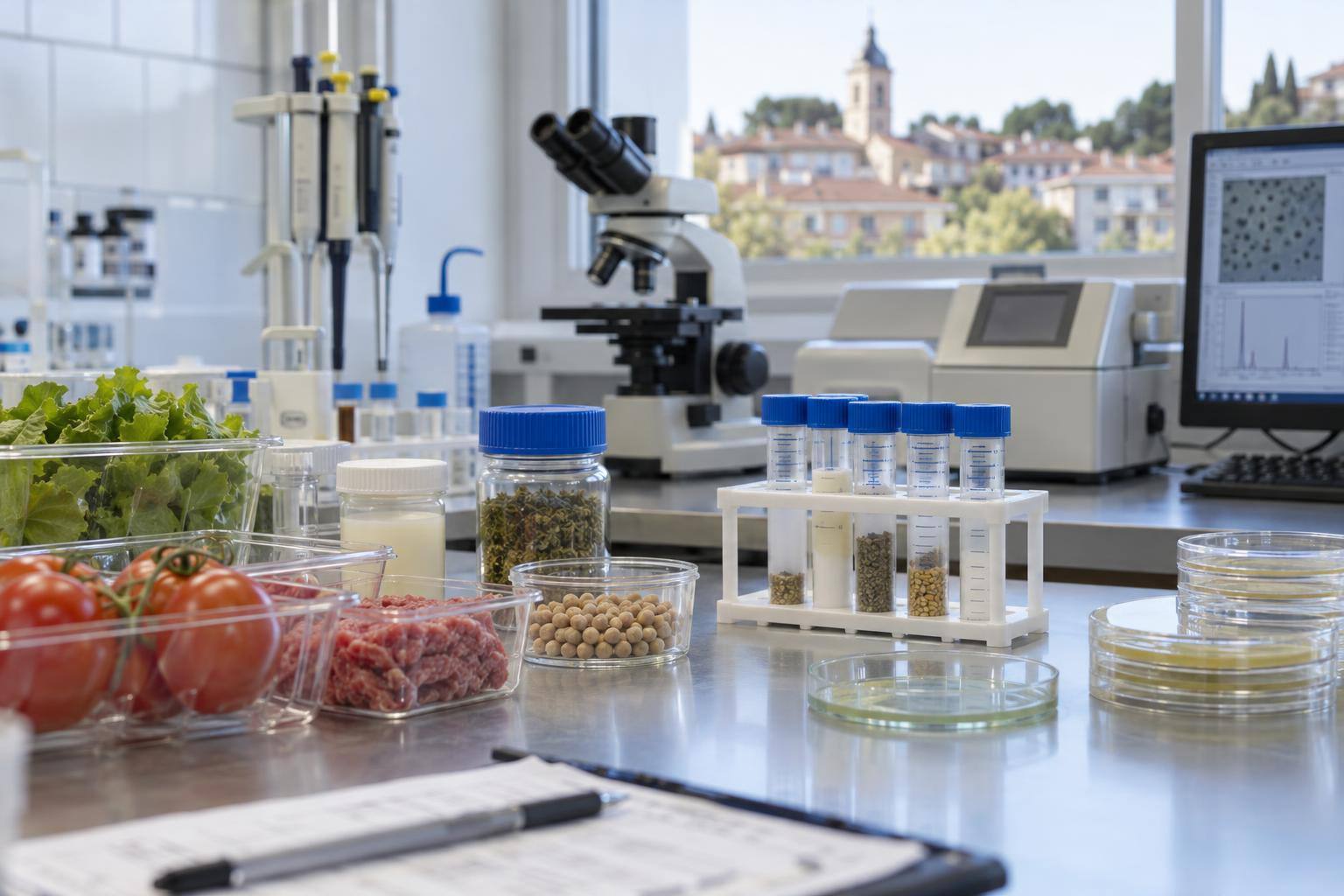 Imagen ilustrativa: Laboratorio de control alimentario con recipientes de muestras y equipos de análisis, sin personas ni marcas identificables