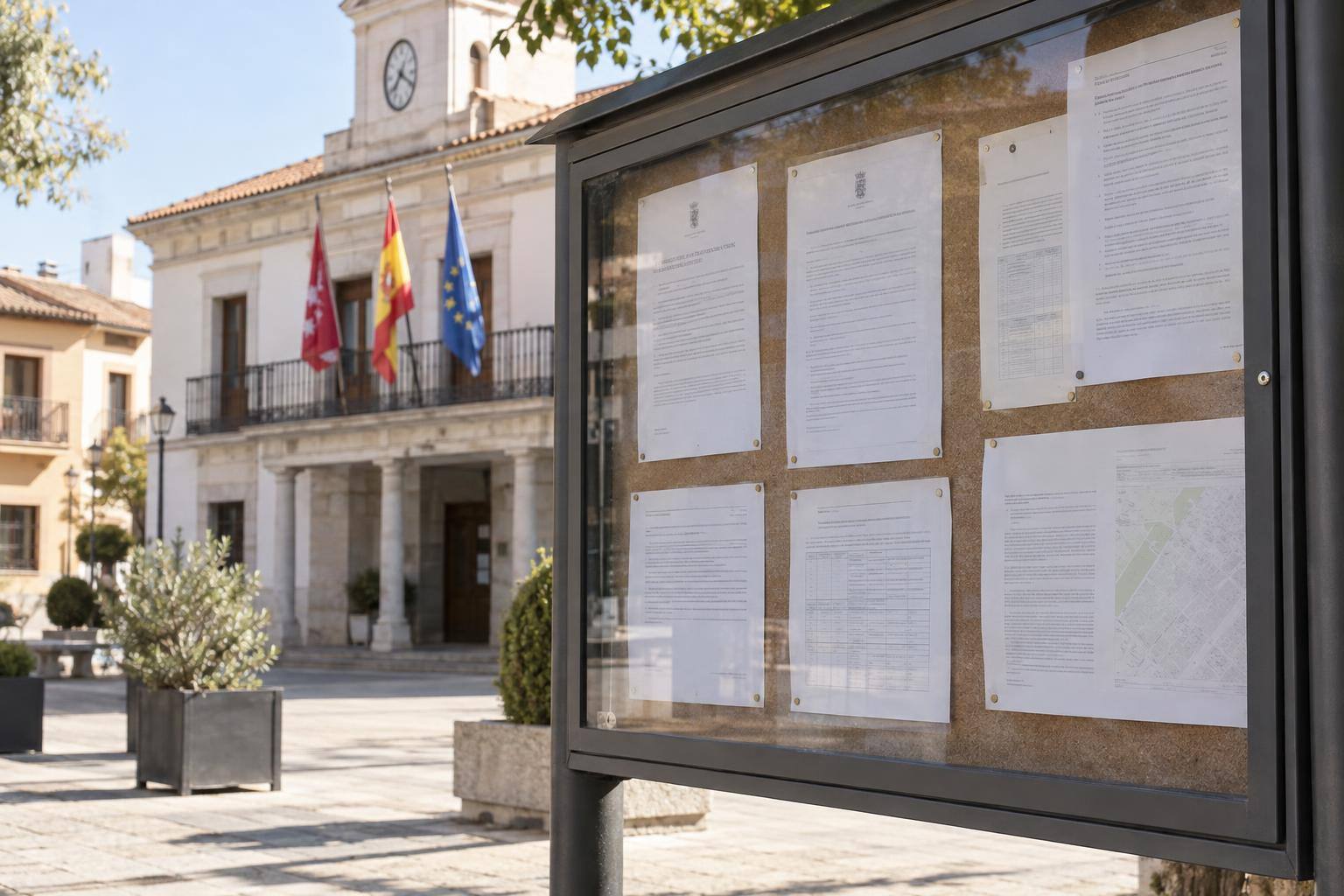 Imagen ilustrativa: tablón de anuncios institucional con documentos administrativos, sin personas ni datos personales legibles