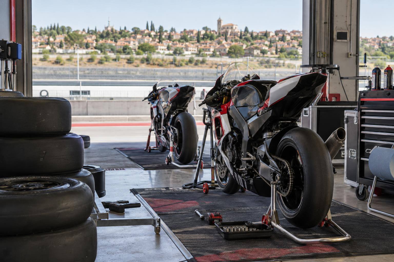 Imagen ilustrativa: Motocicletas de competición en boxes de un circuito, con neumáticos y herramientas de taller, sin personas reconocibles.
