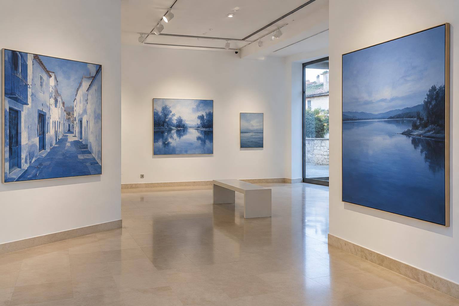 Imagen ilustrativa: Interior de una sala de exposiciones con pinturas de predominio azul sobre paredes blancas, sin personas.