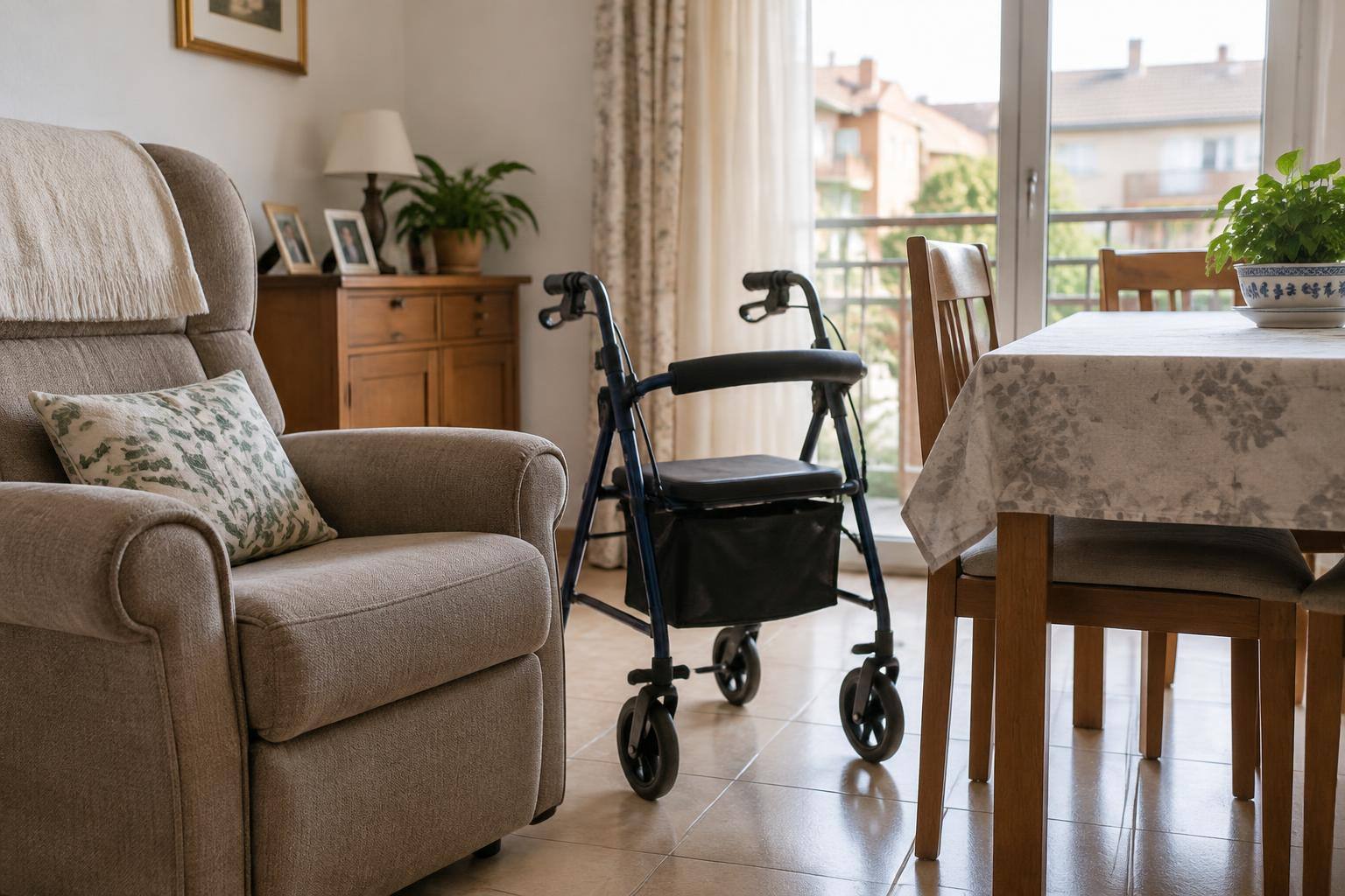 Imagen ilustrativa: Interior de una vivienda con un sillón y un andador junto a una mesa, sin personas