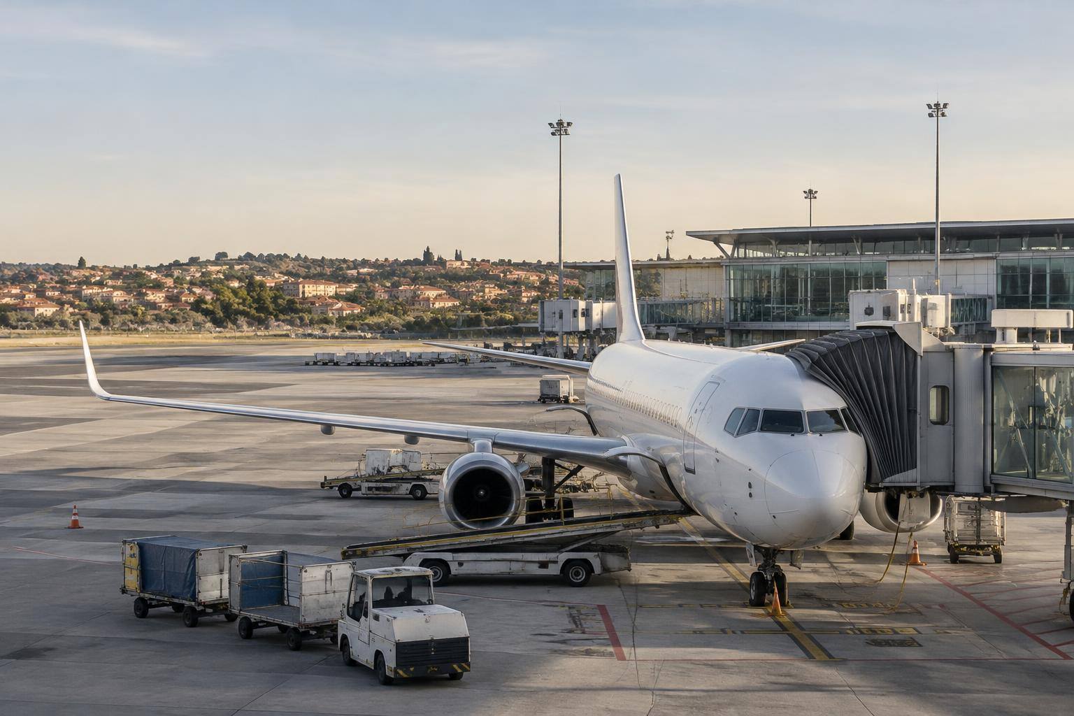 Imagen ilustrativa: Avión comercial estacionado junto a una terminal aeroportuaria, sin personas reconocibles ni logotipos visibles