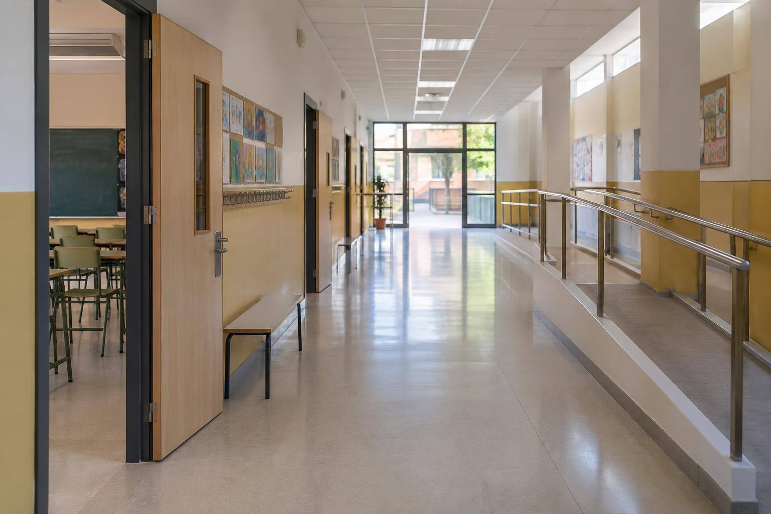 Imagen ilustrativa: Pasillo de un centro educativo con puertas de aulas y acceso adaptado, sin personas reconocibles