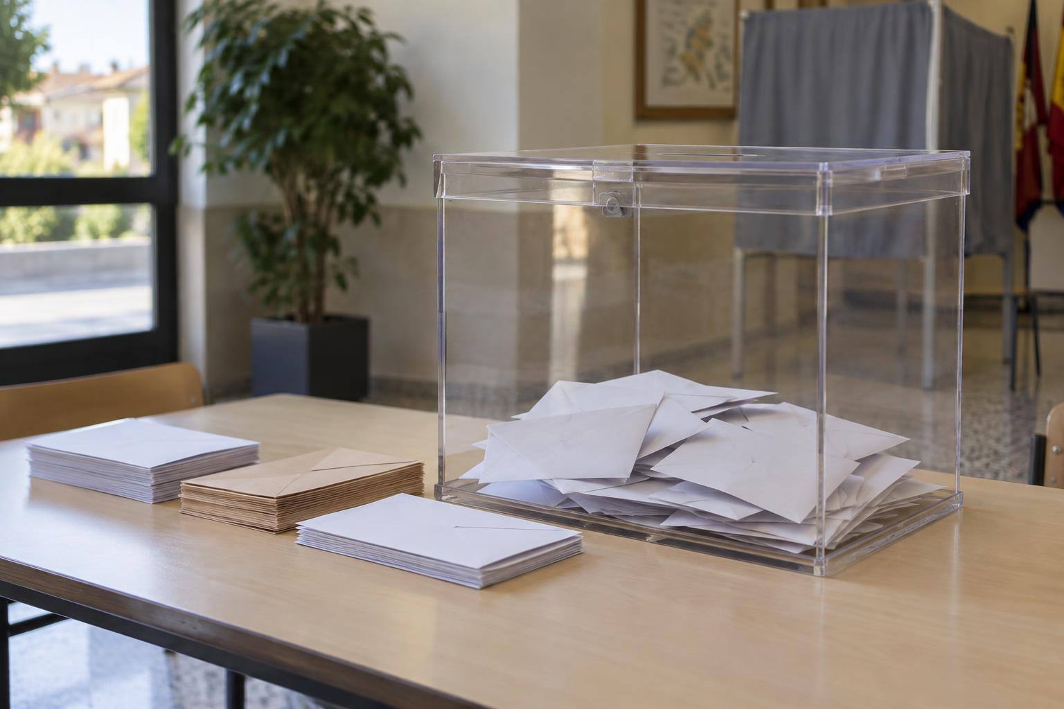 Imagen ilustrativa: Urna electoral transparente junto a sobres y papeletas sobre una mesa, sin personas ni datos identificativos