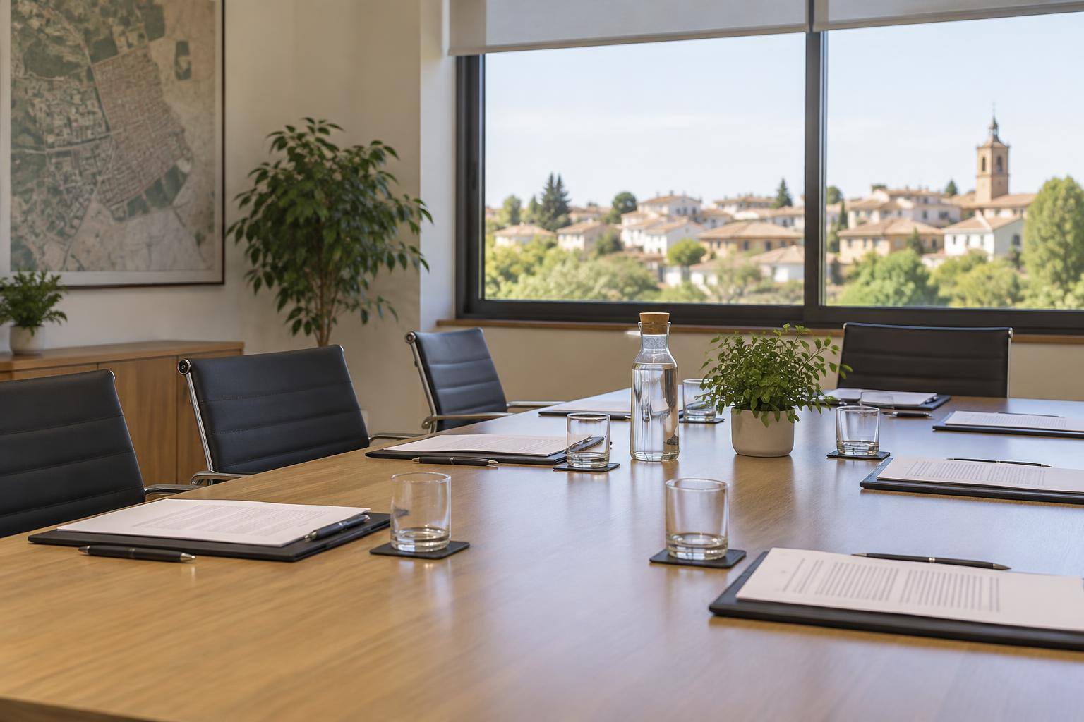 Imagen ilustrativa: Mesa de negociación con documentos y sillas vacías en una sala de reuniones, sin símbolos partidistas ni personas reconocibles