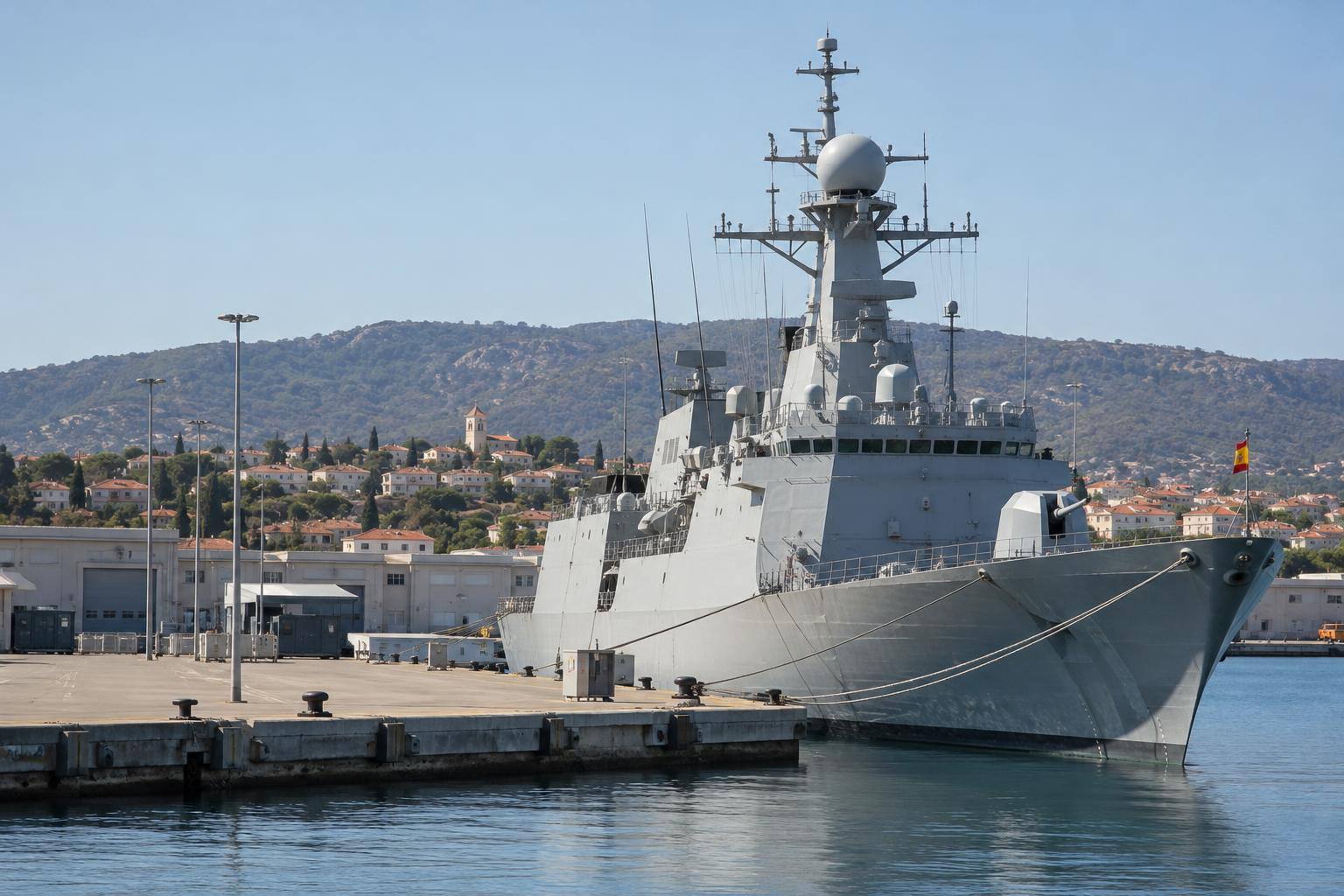 Imagen ilustrativa: Vista genérica de un buque militar atracado en un muelle de una base naval, sin personas reconocibles.