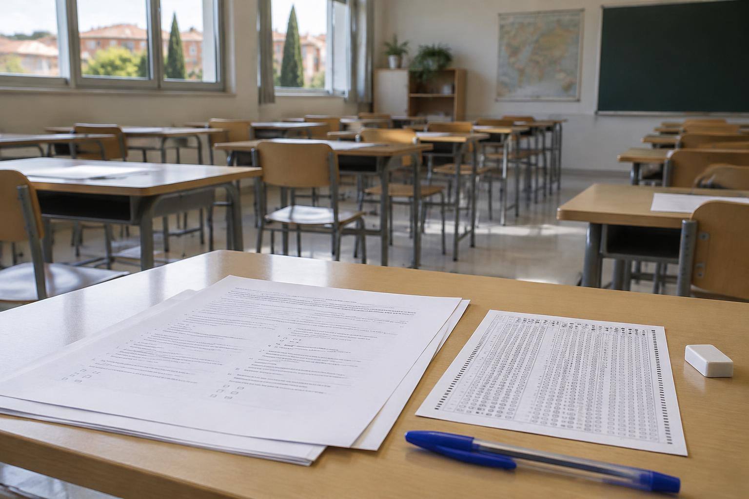 Imagen ilustrativa: Mesa de examen con cuestionarios, hojas de respuestas y bolígrafos en un aula vacía, sin datos personales visibles