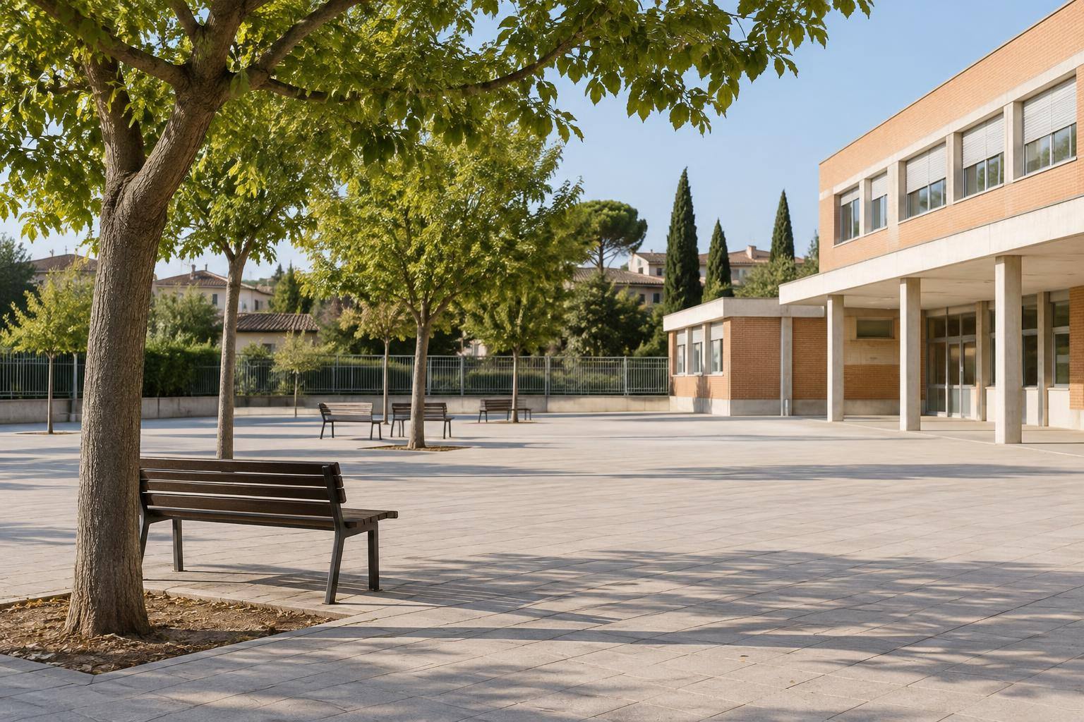 Imagen ilustrativa: Patio vacío de un centro educativo con árboles y bancos, sin personas ni elementos identificativos