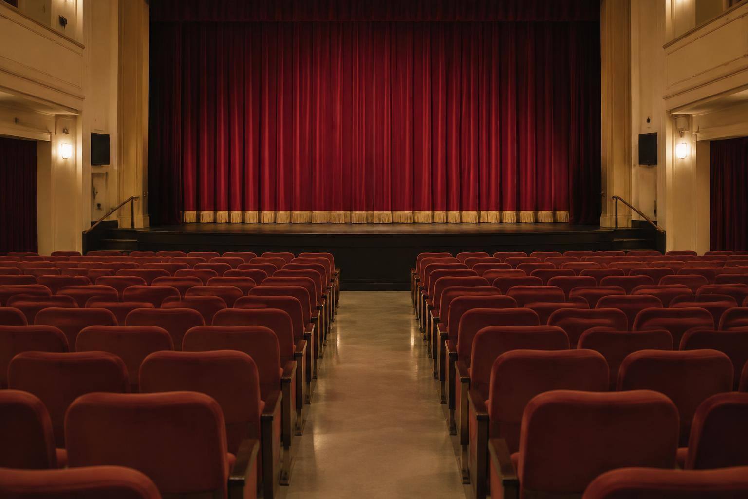 Imagen ilustrativa: Patio de butacas vacío de un teatro, con el escenario y el telón al fondo