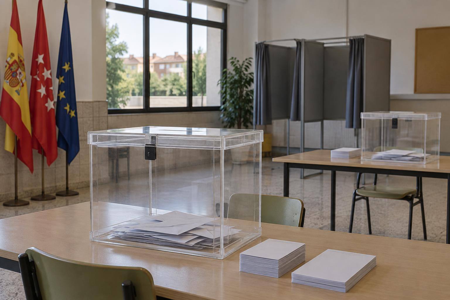 Imagen ilustrativa: Urnas electorales transparentes sobre mesas en una sala de votación vacía, sin logotipos de partidos ni personas reconocibles