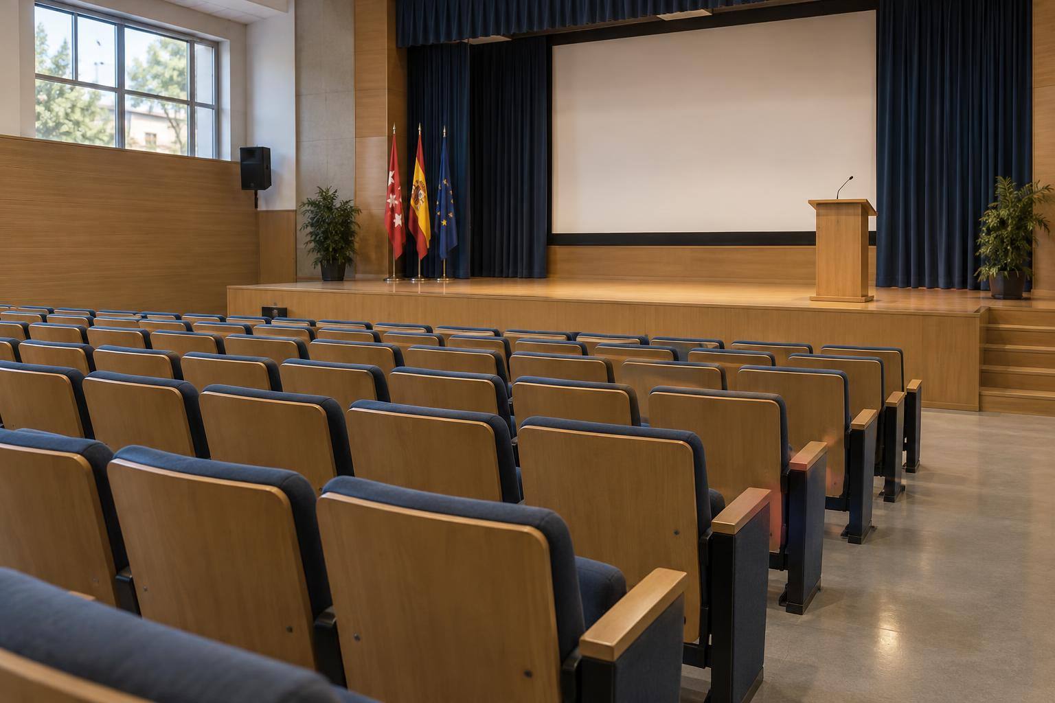 Imagen ilustrativa: Salón de actos de un centro educativo con filas de butacas y un atril, sin personas.