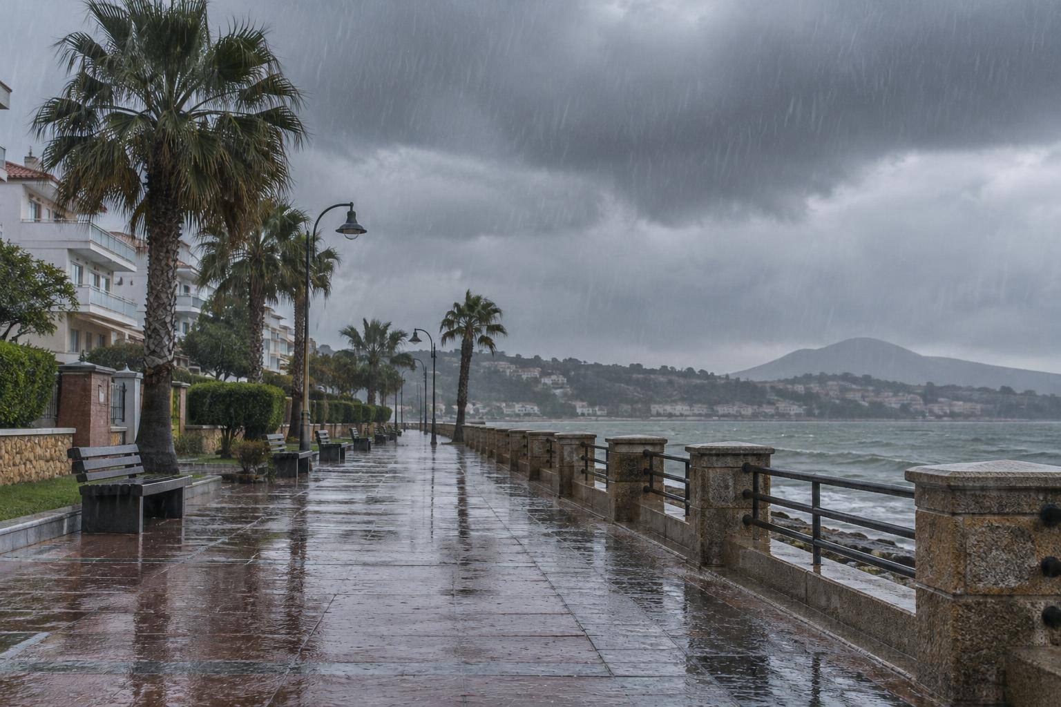 Imagen ilustrativa: Paseo marítimo bajo lluvia intensa, con cielo cubierto y sin personas reconocibles.