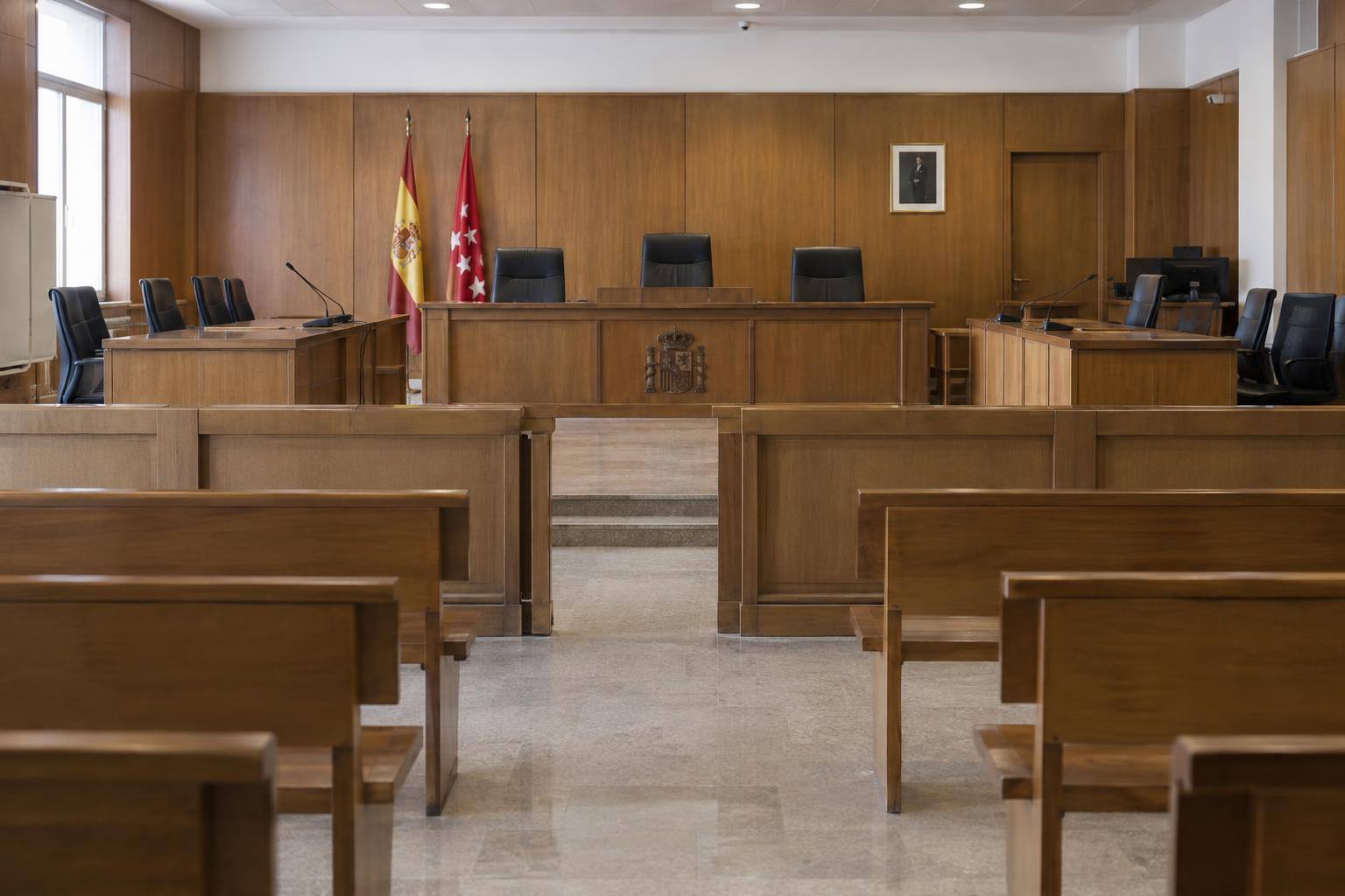 Imagen ilustrativa: Interior de una sala de vistas judicial vacía, con estrado y bancos de madera