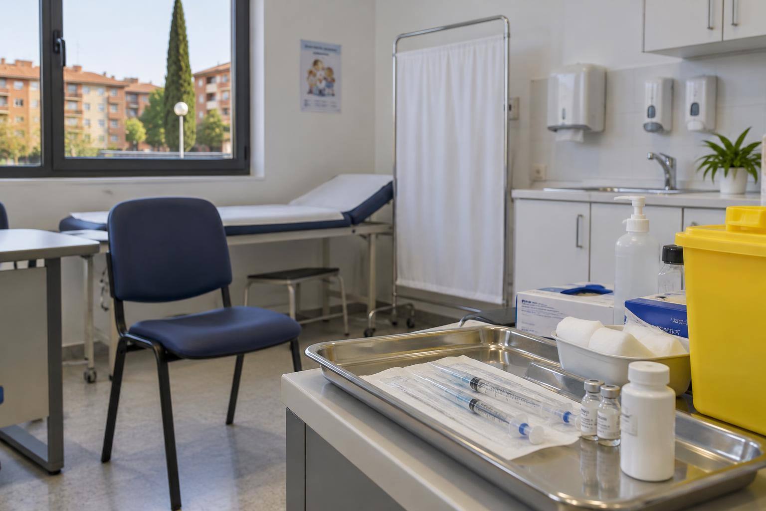 Imagen ilustrativa: Consulta de un centro de salud con material de vacunación sobre una bandeja y una silla vacía, sin personas reconocibles