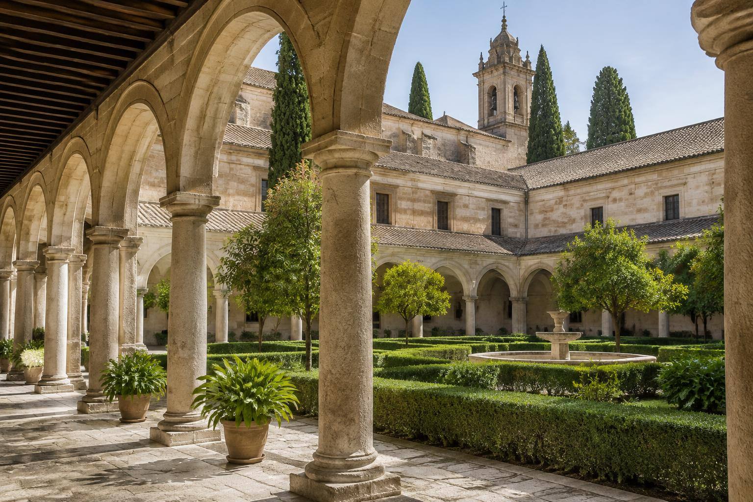 Imagen ilustrativa: Claustro de un monasterio histórico andaluz, con arcos de piedra y un patio ajardinado, sin personas.