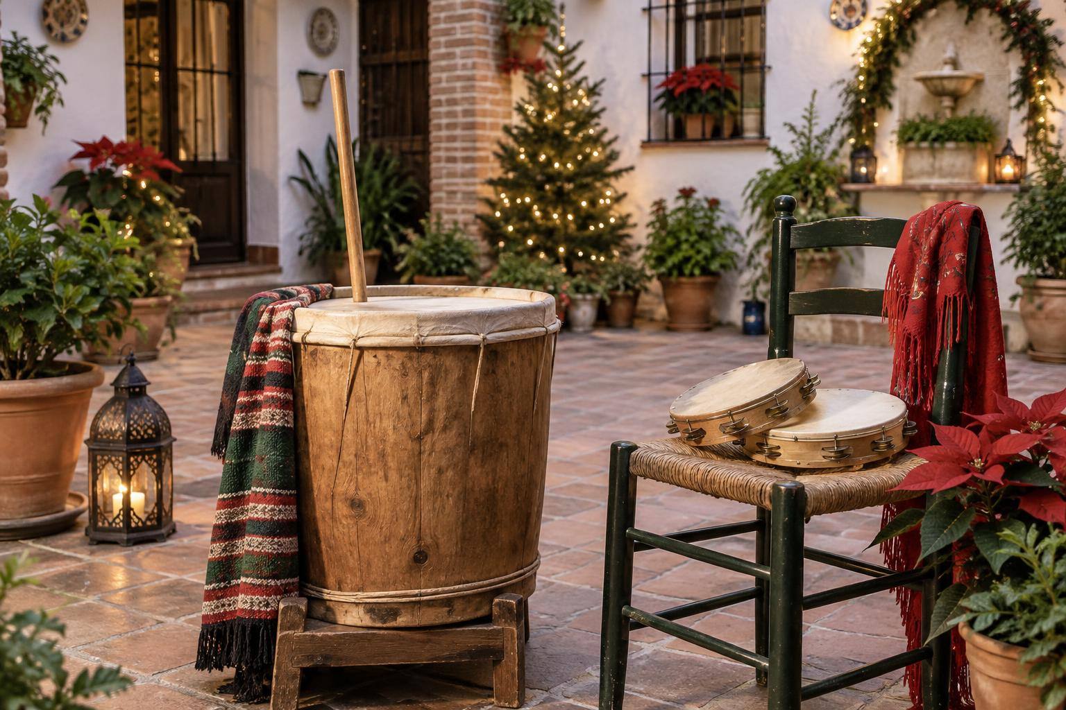 Imagen ilustrativa: Zambomba y panderetas en un patio andaluz con decoración navideña, sin personas.
