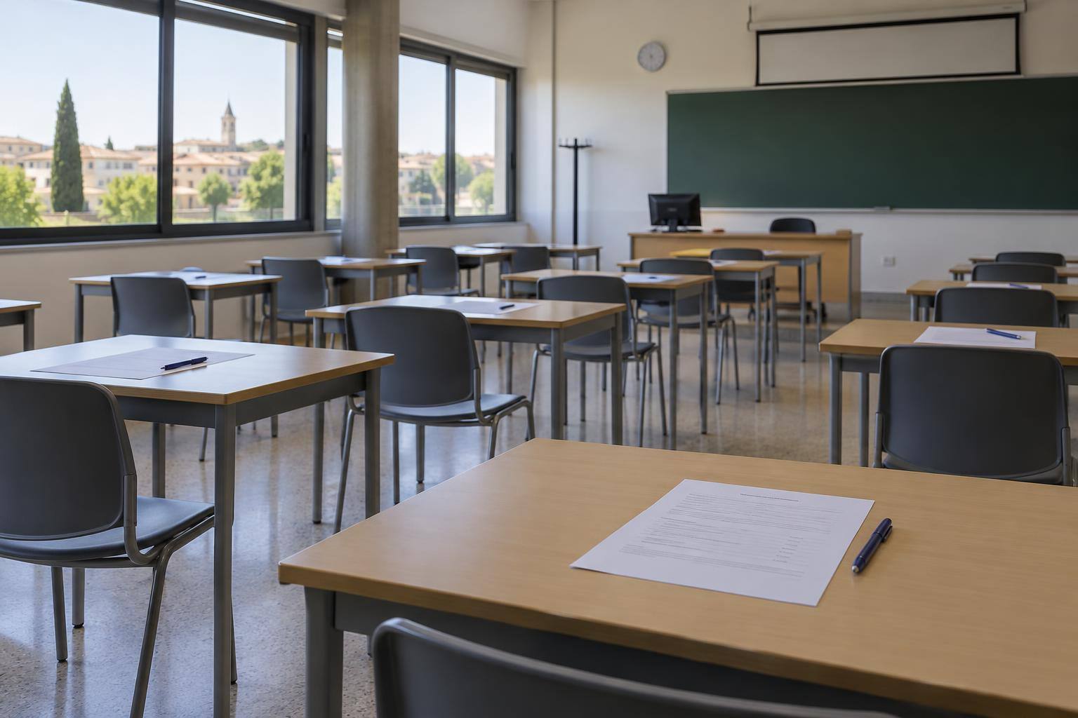 Imagen ilustrativa: Aula universitaria vacía con mesas individuales, hojas de examen y bolígrafos.