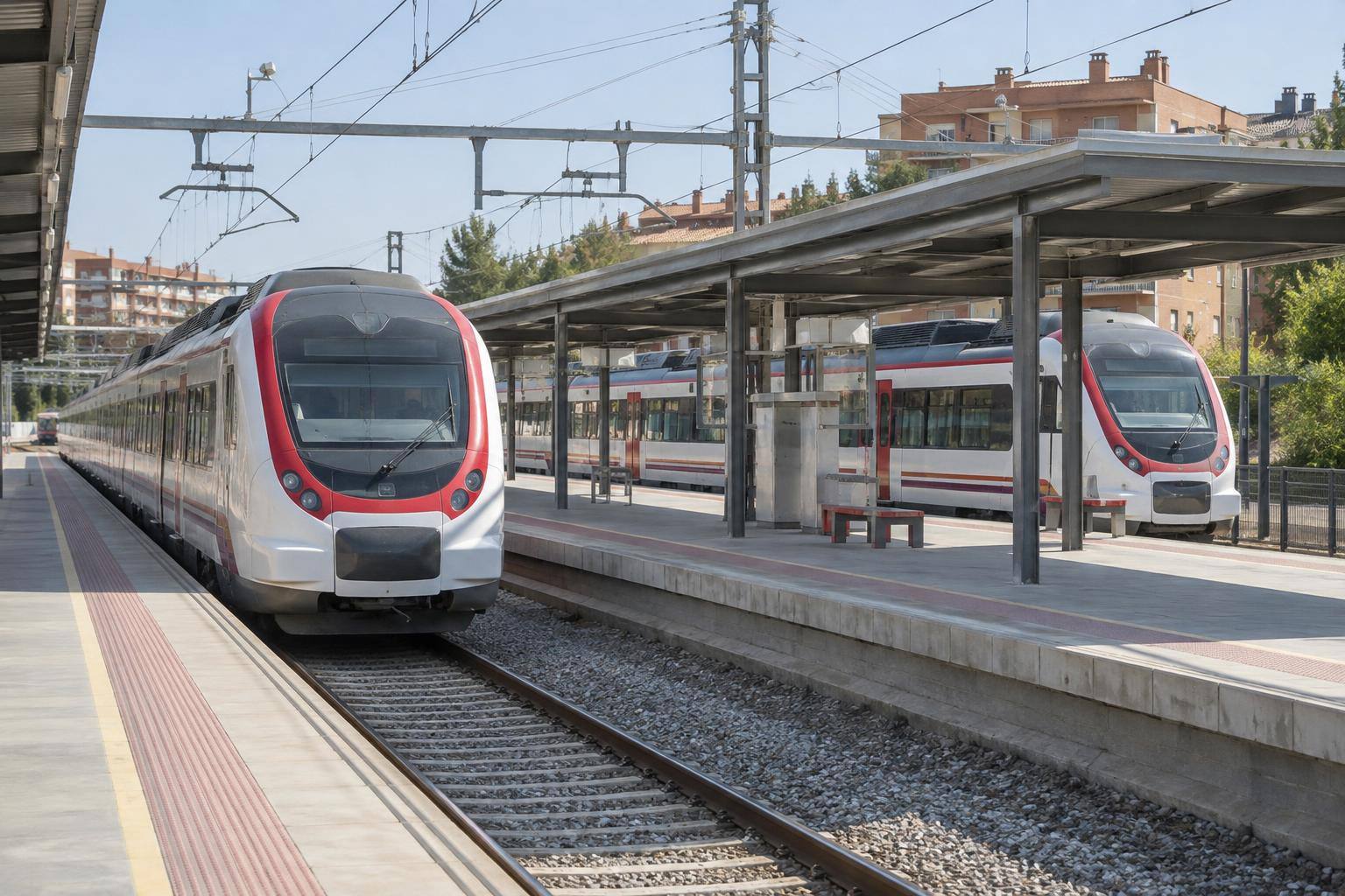 Imagen ilustrativa: Trenes de pasajeros estacionados junto a los andenes de una estación ferroviaria, sin personas reconocibles.