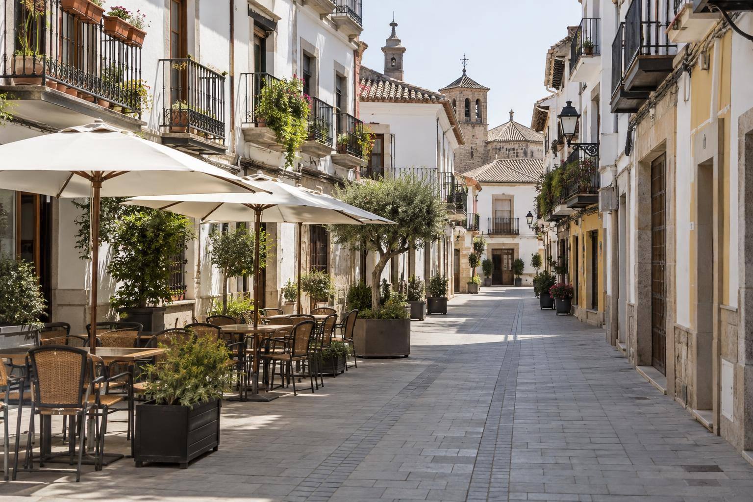 Imagen ilustrativa: Calle de un casco histórico con terrazas de hostelería y balcones de viviendas, sin personas reconocibles.