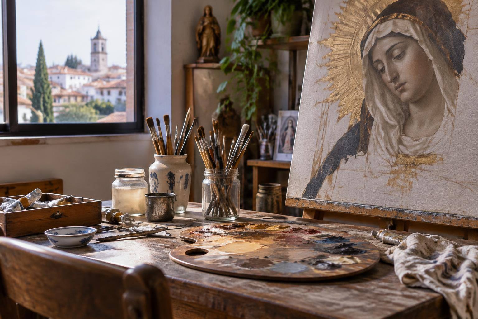 Imagen ilustrativa: Mesa de un taller de pintura con pinceles, paleta y un lienzo de temática sacra en elaboración, sin personas.