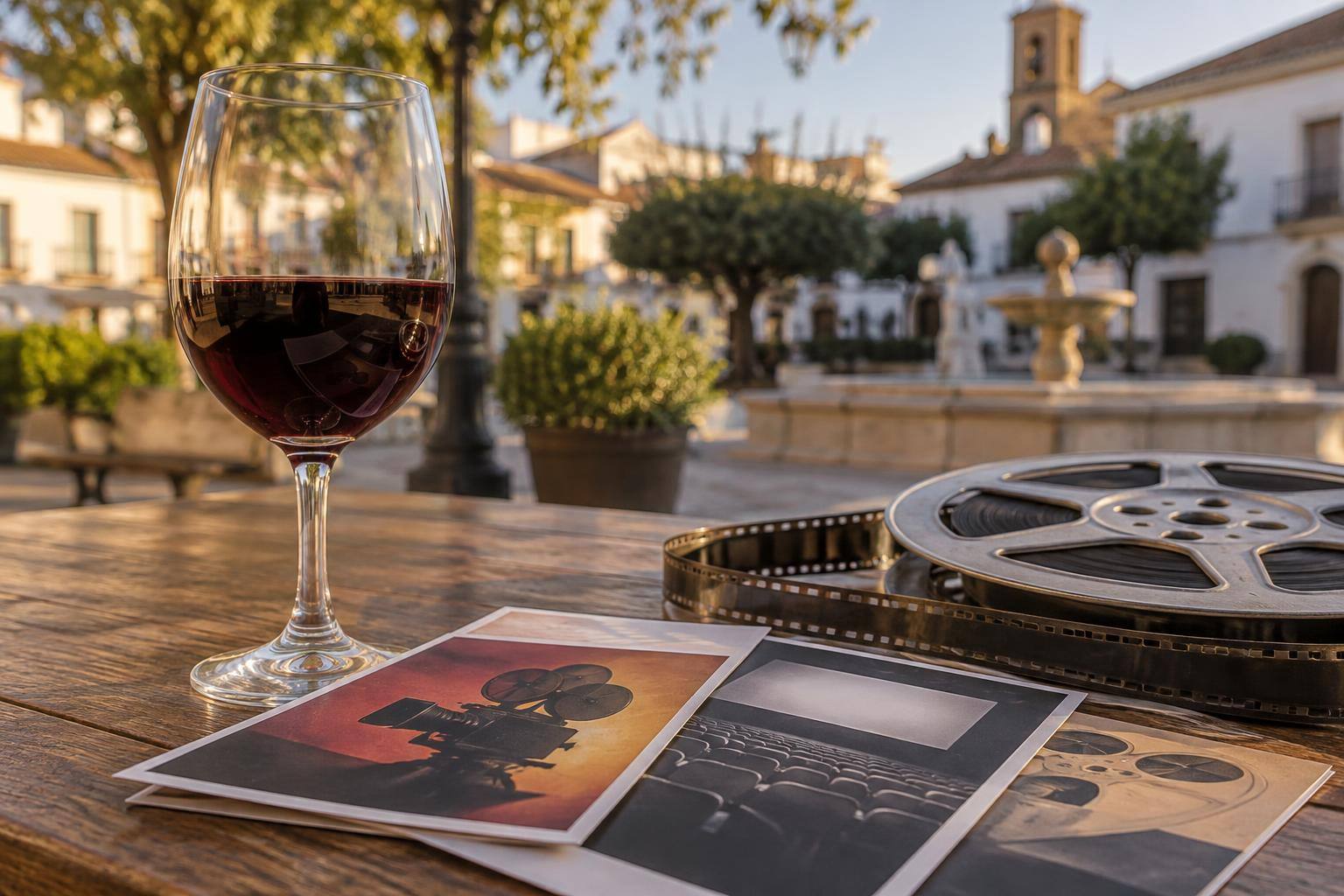 Imagen ilustrativa: Una copa de vino junto a programas de mano de cine y una bobina de película sobre una mesa, sin personas ni títulos legibles.