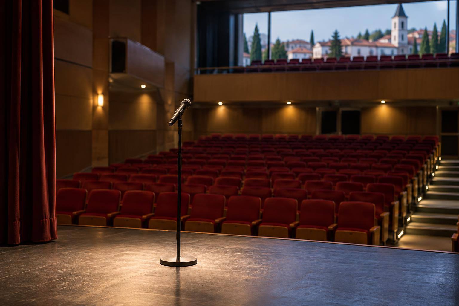 Imagen ilustrativa: Escenario de un teatro con un micrófono iluminado y filas de butacas, sin personas.