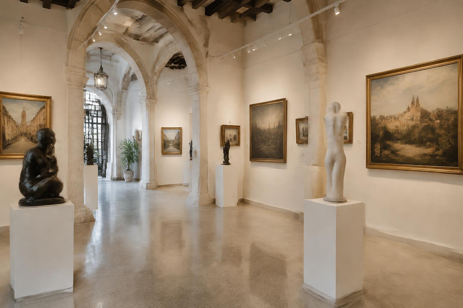 Imagen ilustrativa: Sala de exposiciones en un edificio histórico, con pinturas en las paredes y esculturas sobre peanas, sin personas reconocibles.