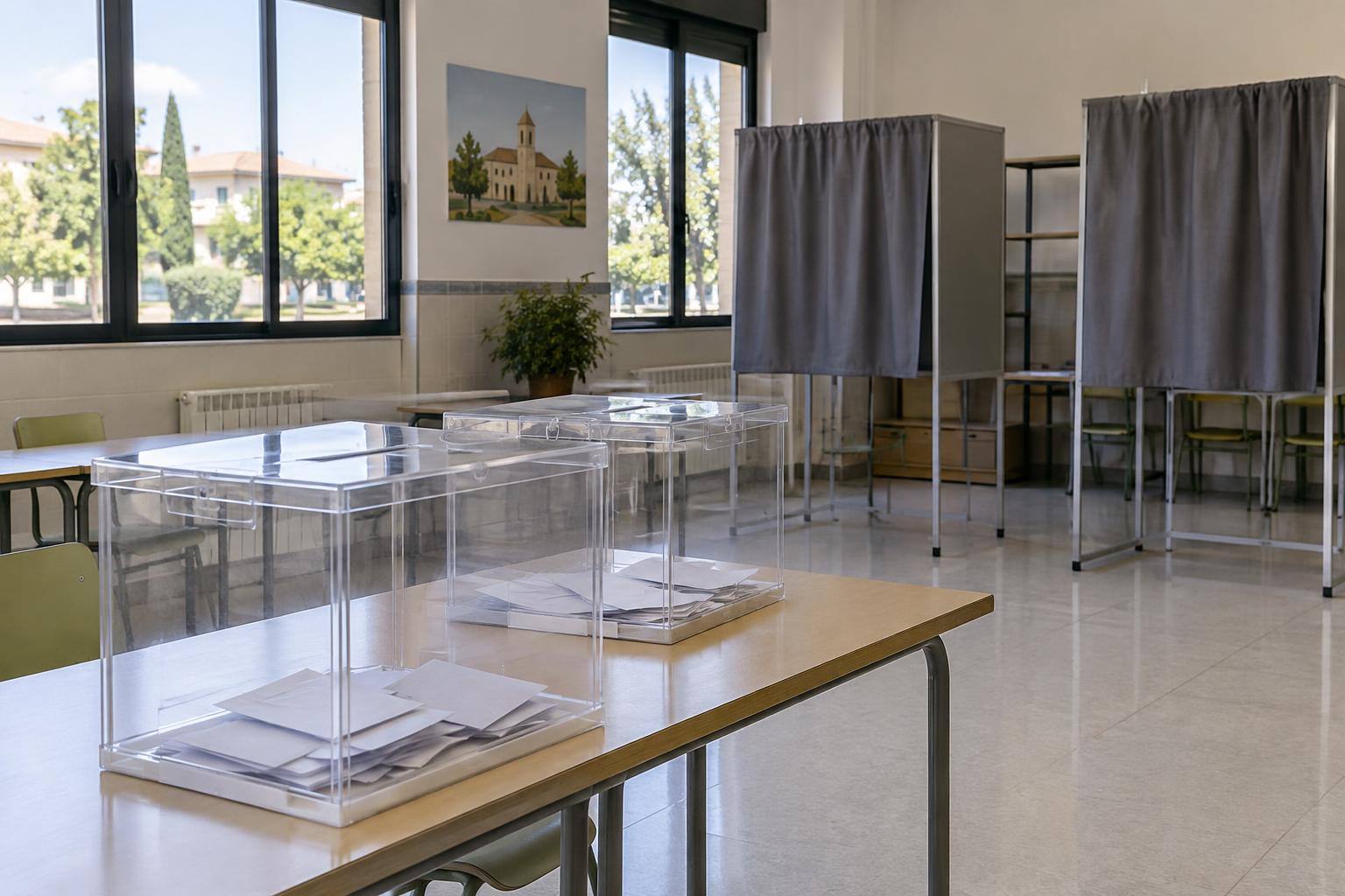 Imagen ilustrativa: Urnas y cabinas de votación en un colegio electoral vacío, sin personas ni distintivos partidistas.