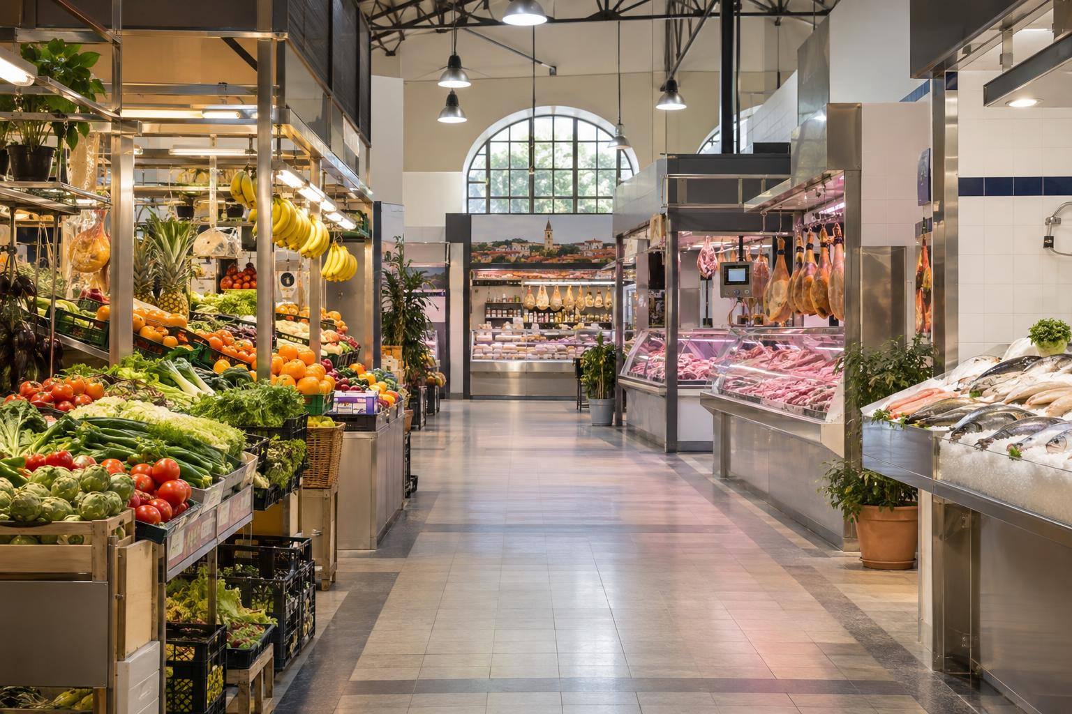 Imagen ilustrativa: Interior de un mercado municipal con puestos de abastos y pasillos, sin personas reconocibles.