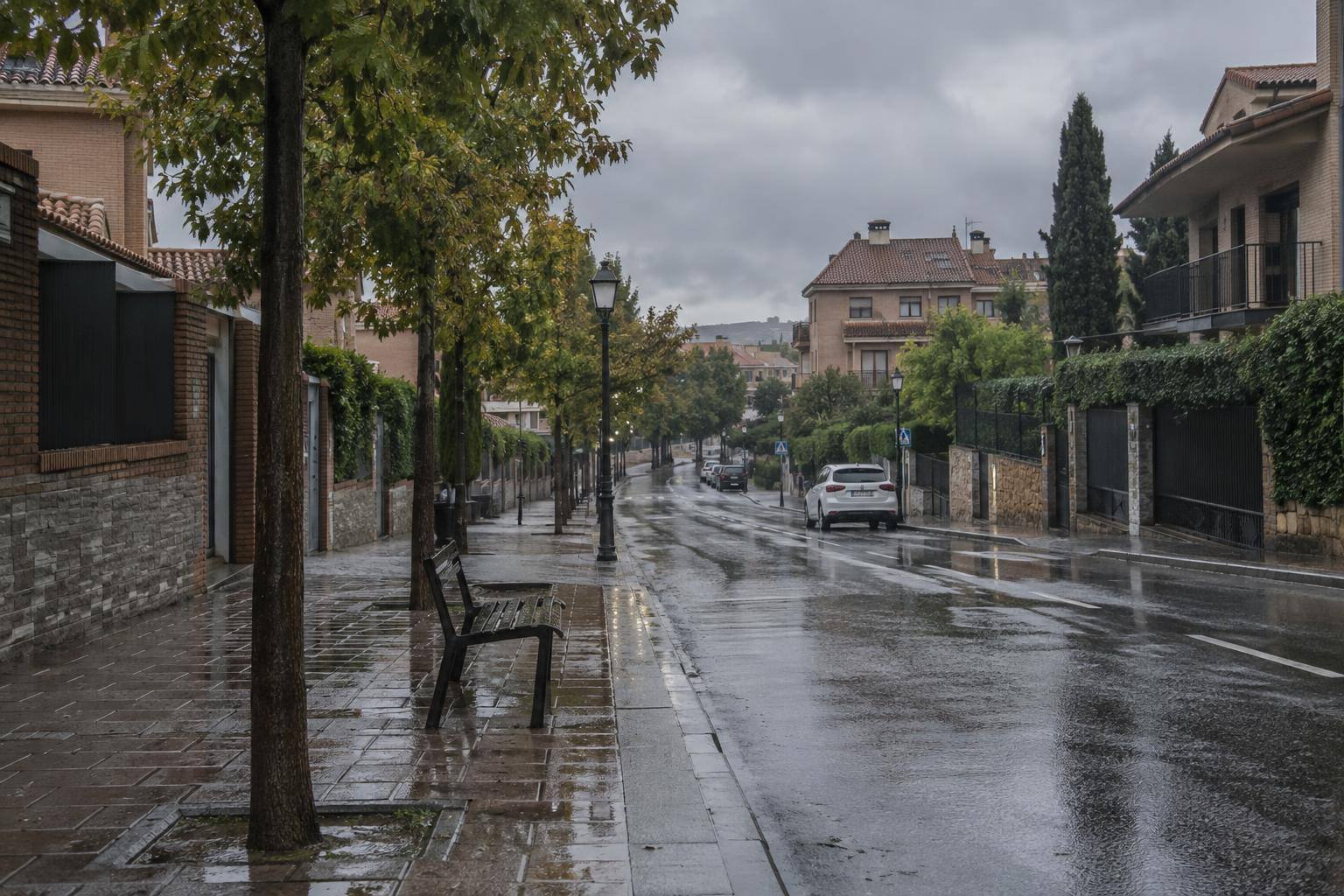 Imagen ilustrativa: Calle urbana bajo la lluvia, con pavimento mojado y cielo cubierto, sin personas reconocibles.