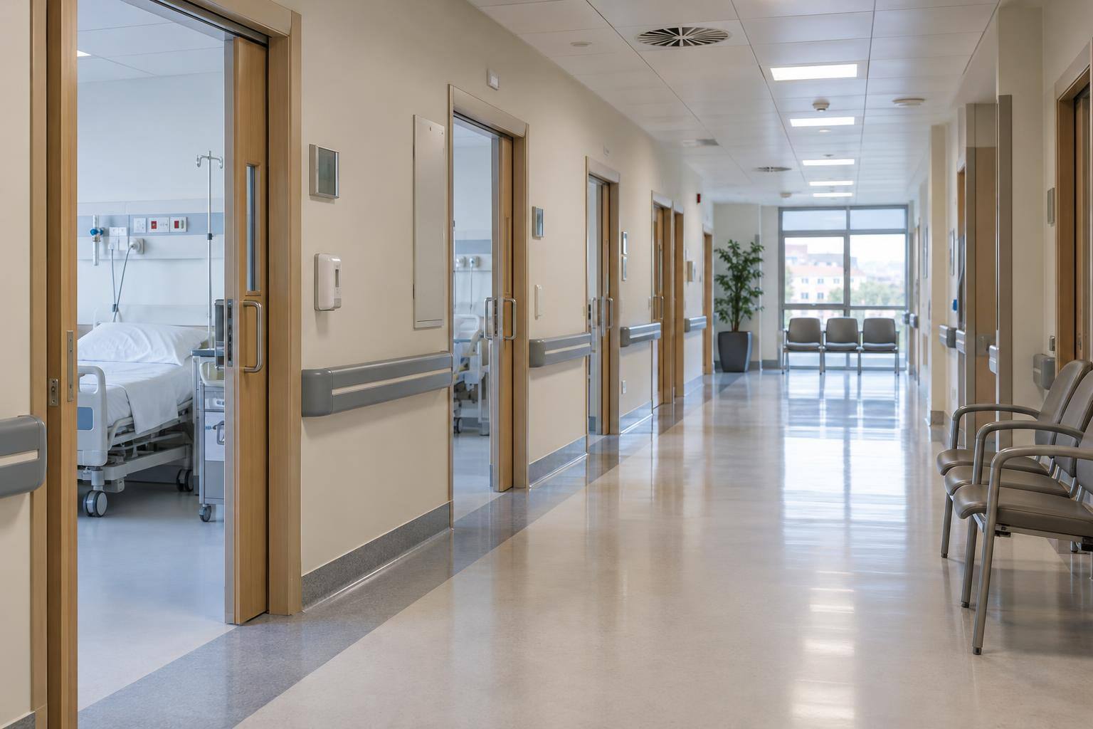 Imagen ilustrativa: Pasillo de una unidad hospitalaria con puertas de habitaciones y una zona de espera, sin personas ni rótulos identificables.