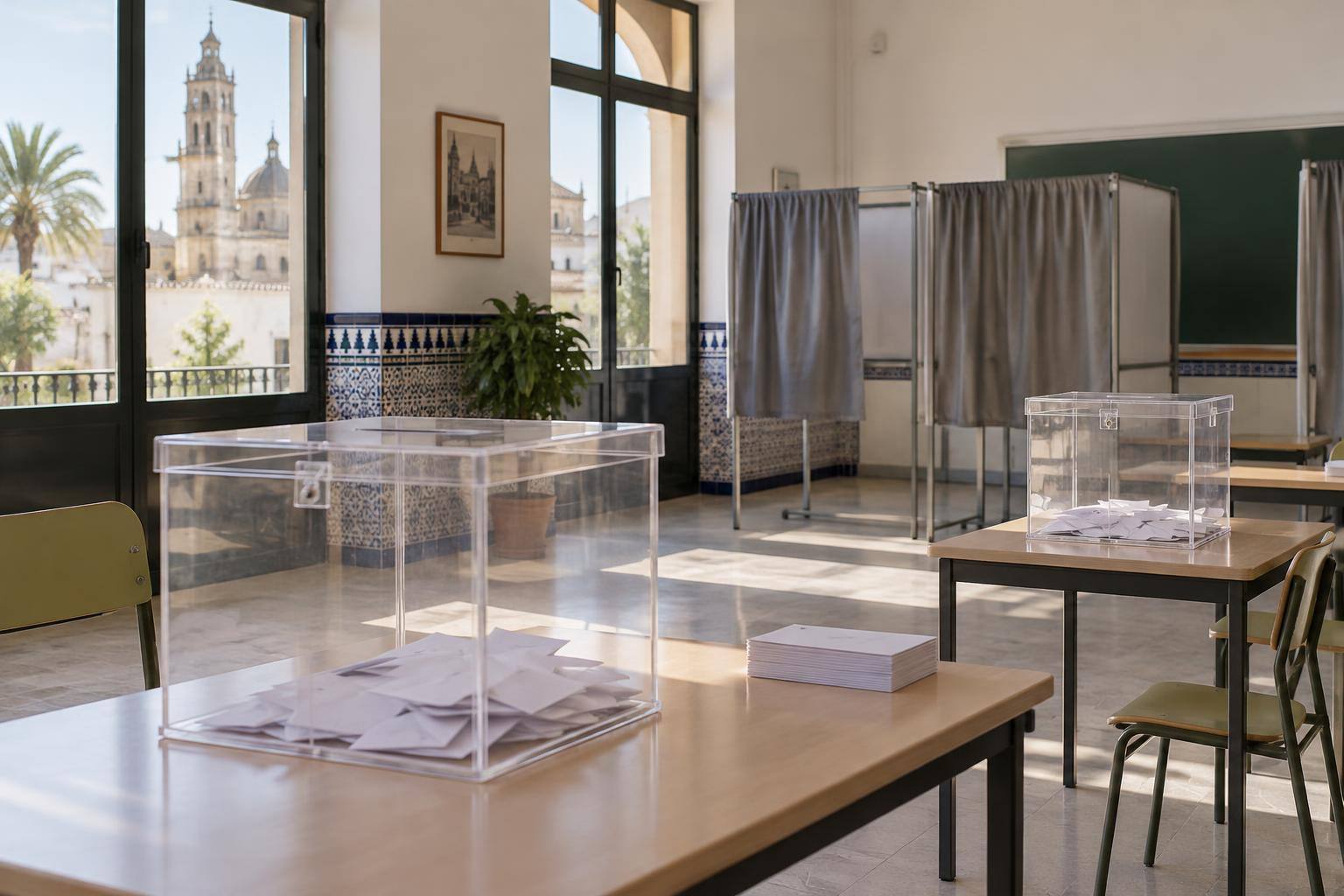 Imagen ilustrativa: Urnas transparentes y cabinas de votación en un colegio electoral vacío, sin personas ni propaganda partidista