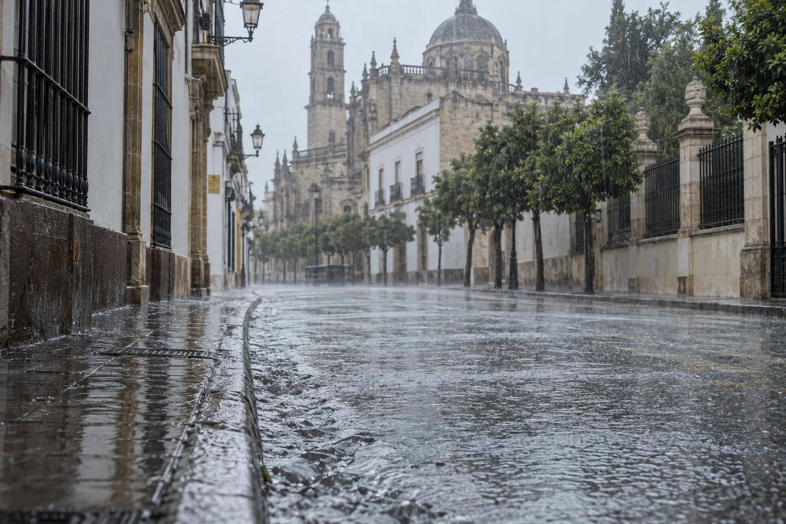 Imagen ilustrativa: Calle urbana bajo lluvia intensa, con agua junto a los bordillos y sin personas ni vehículos identificables