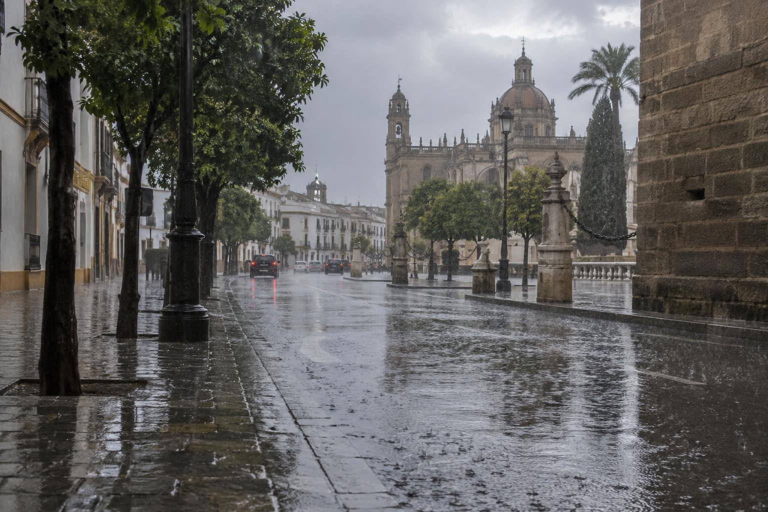 Imagen ilustrativa: Calle urbana bajo lluvia intensa, con agua sobre el pavimento y cielo cubierto, sin personas reconocibles