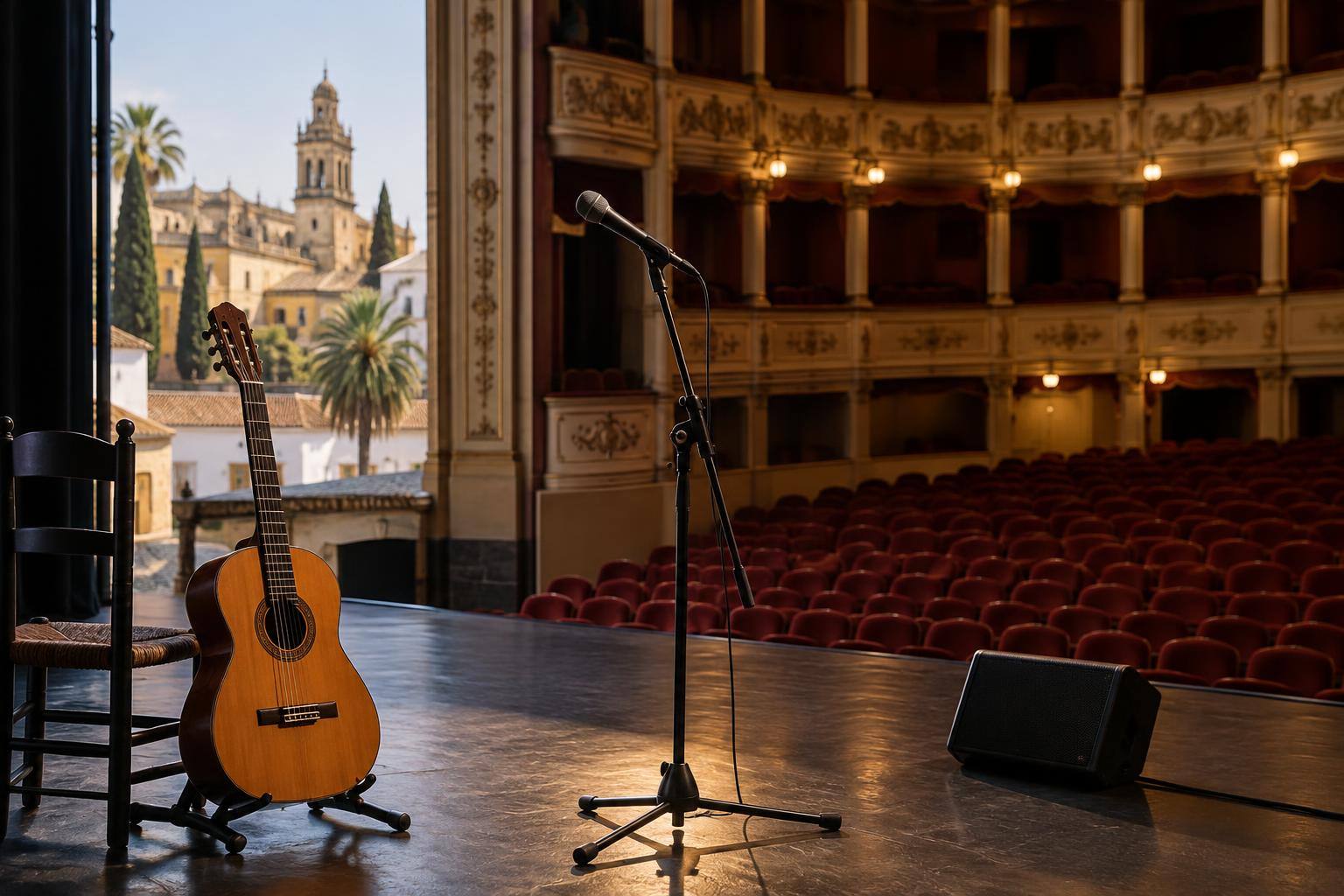 Imagen ilustrativa: Escenario de teatro con una guitarra acústica y un micrófono ante un patio de butacas, sin personas.