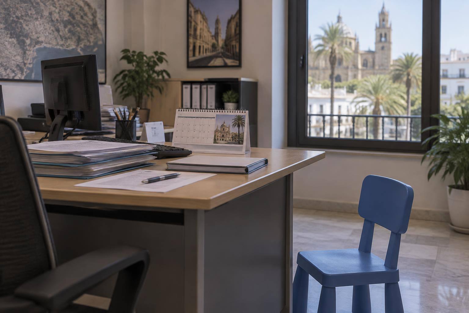 Imagen ilustrativa: Mesa de trabajo en una oficina administrativa con un calendario y una silla infantil vacía junto al escritorio