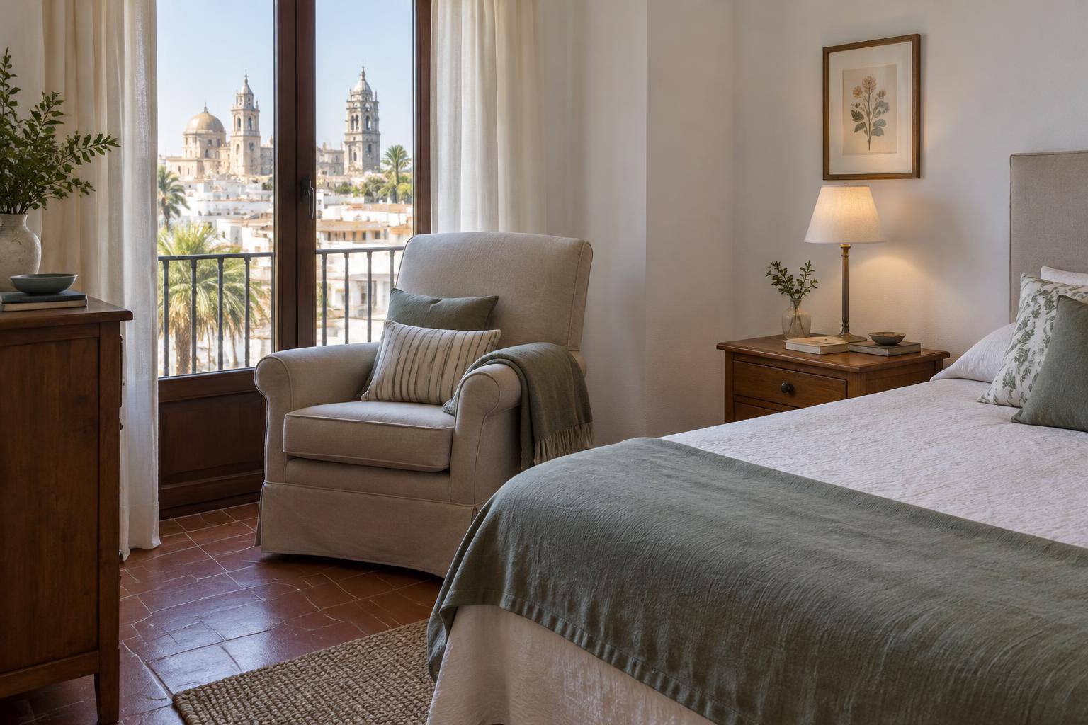 Imagen ilustrativa: Interior de una vivienda con un sillón junto a una cama y una mesilla, sin personas
